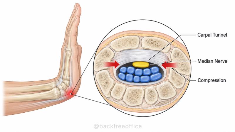 Bent wrist with magnified carpal tunnel showing compression around the yellow median nerve and blue flexor tendons