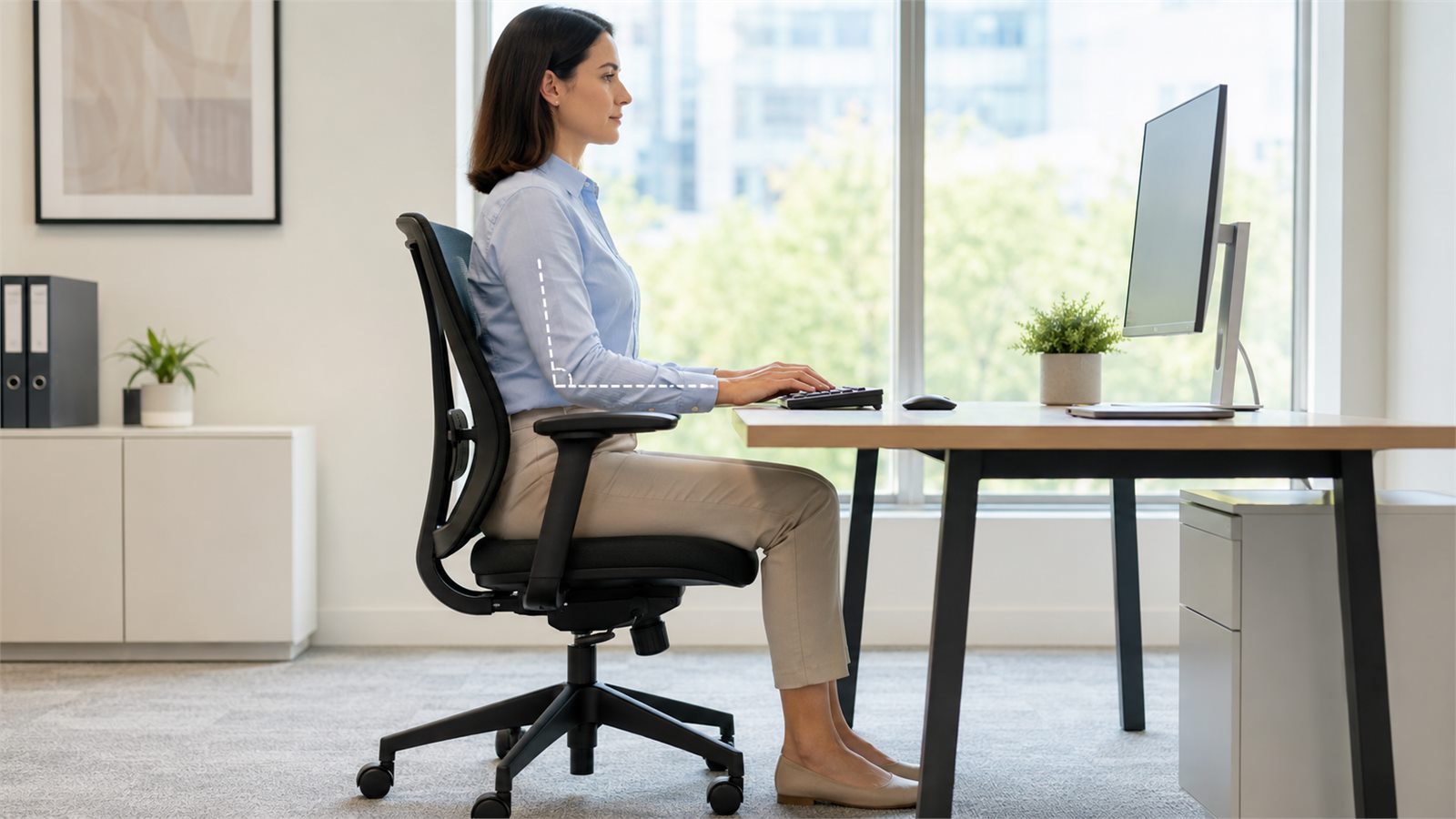 Desk worker typing with correct keyboard height and elbows at 90 degrees