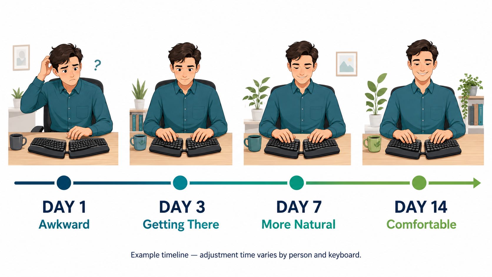Example timeline for adjusting to an ergonomic keyboard