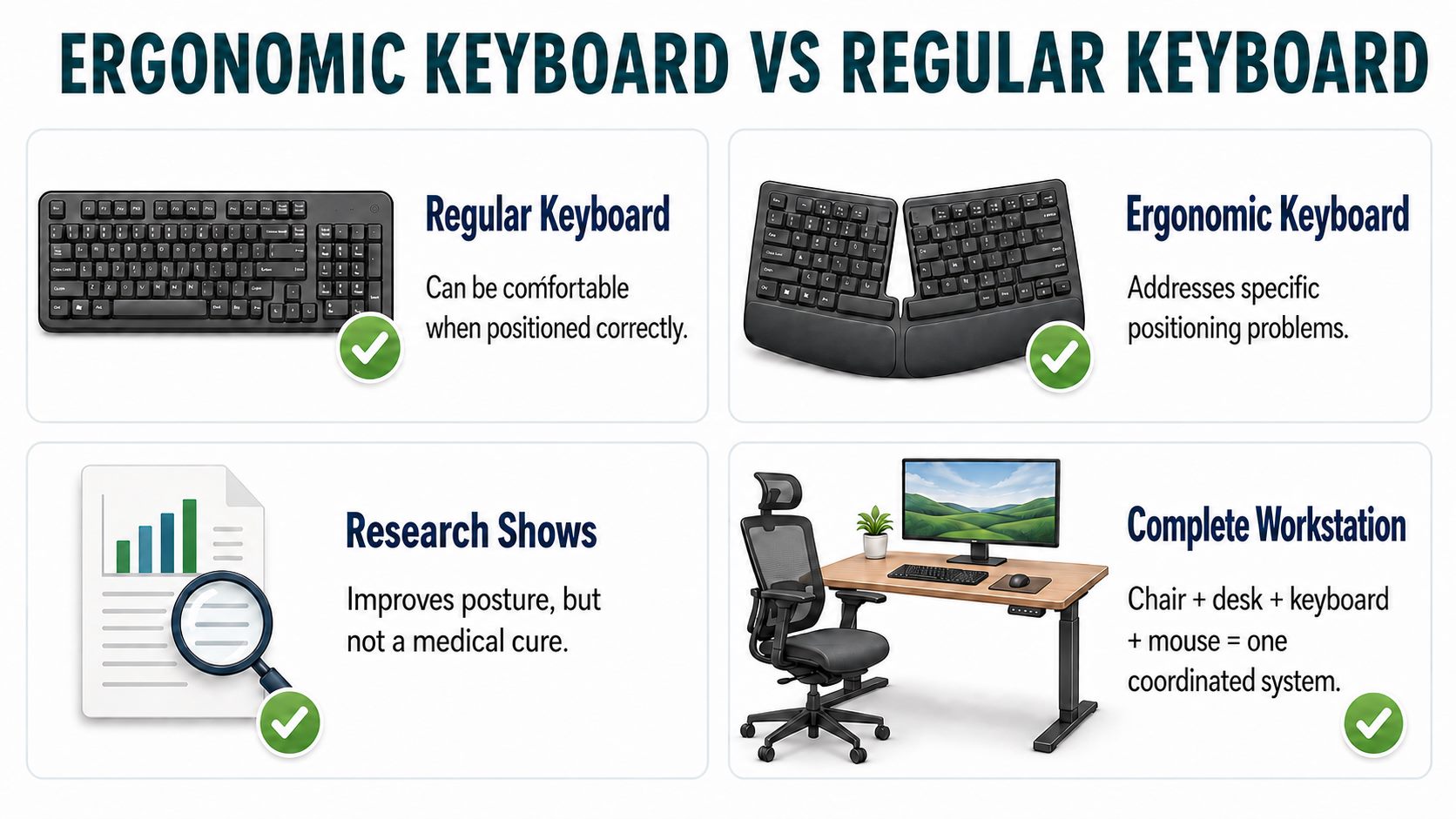 Ergonomic keyboard vs regular keyboard comparison with workstation guidance
