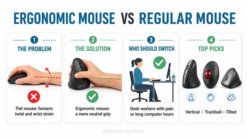 Ergonomic mouse vs regular mouse infographic explaining wrist strain, neutral grip, who should switch and the main ergonomic mouse types