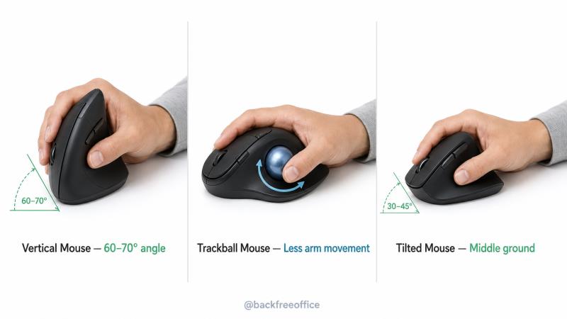 Three types of ergonomic mice: vertical, trackball and tilted mouse shown in use
