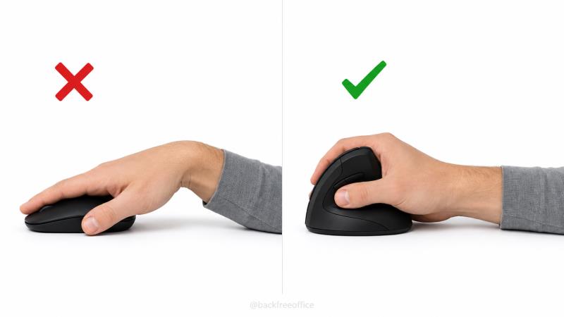 Ergonomic mouse vs regular mouse comparison showing a flat mouse with forearm pronation and a vertical mouse in a neutral handshake position