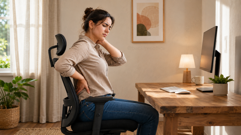 Person sitting at a desk looking uncomfortable, holding their lower back or neck, visibly tight and stiff