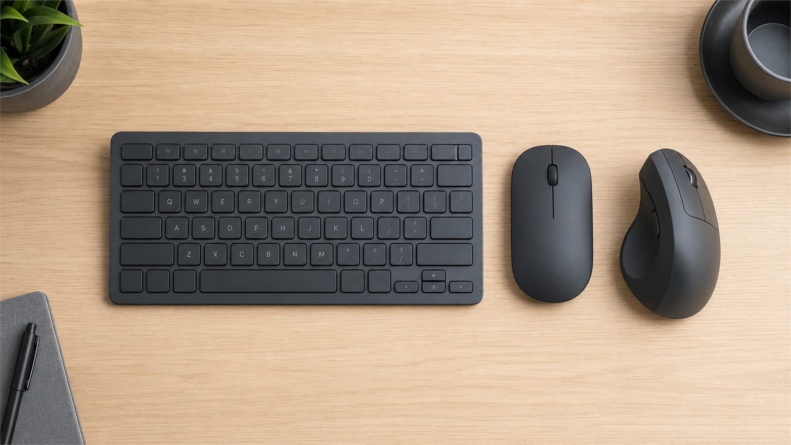 Standard flat mouse and vertical ergonomic mouse positioned beside a keyboard