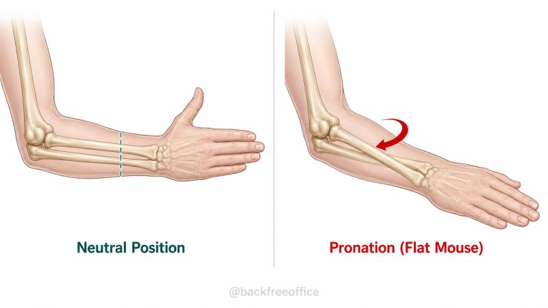 Forearm pronation diagram comparing parallel radius and ulna bones in neutral position with crossed bones in a palm-down mouse position