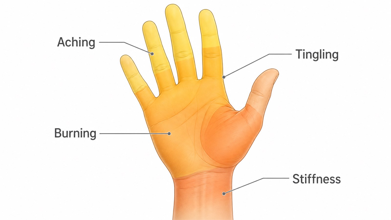 Hand diagram showing common areas of aching, tingling, burning and stiffness