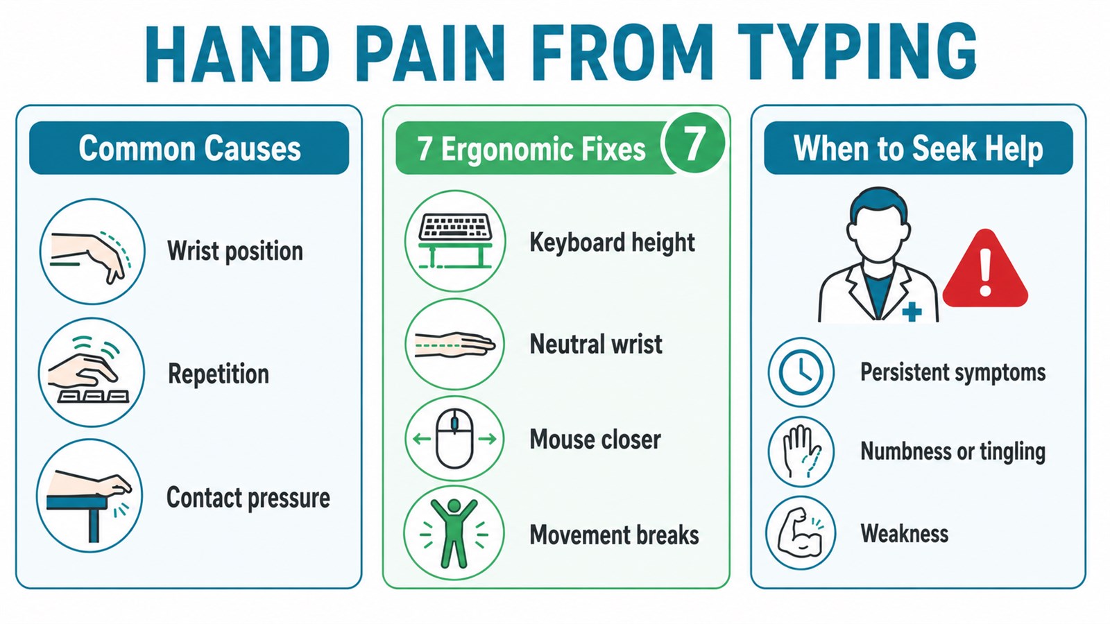 Hand pain from typing causes, ergonomic fixes and warning signs infographic