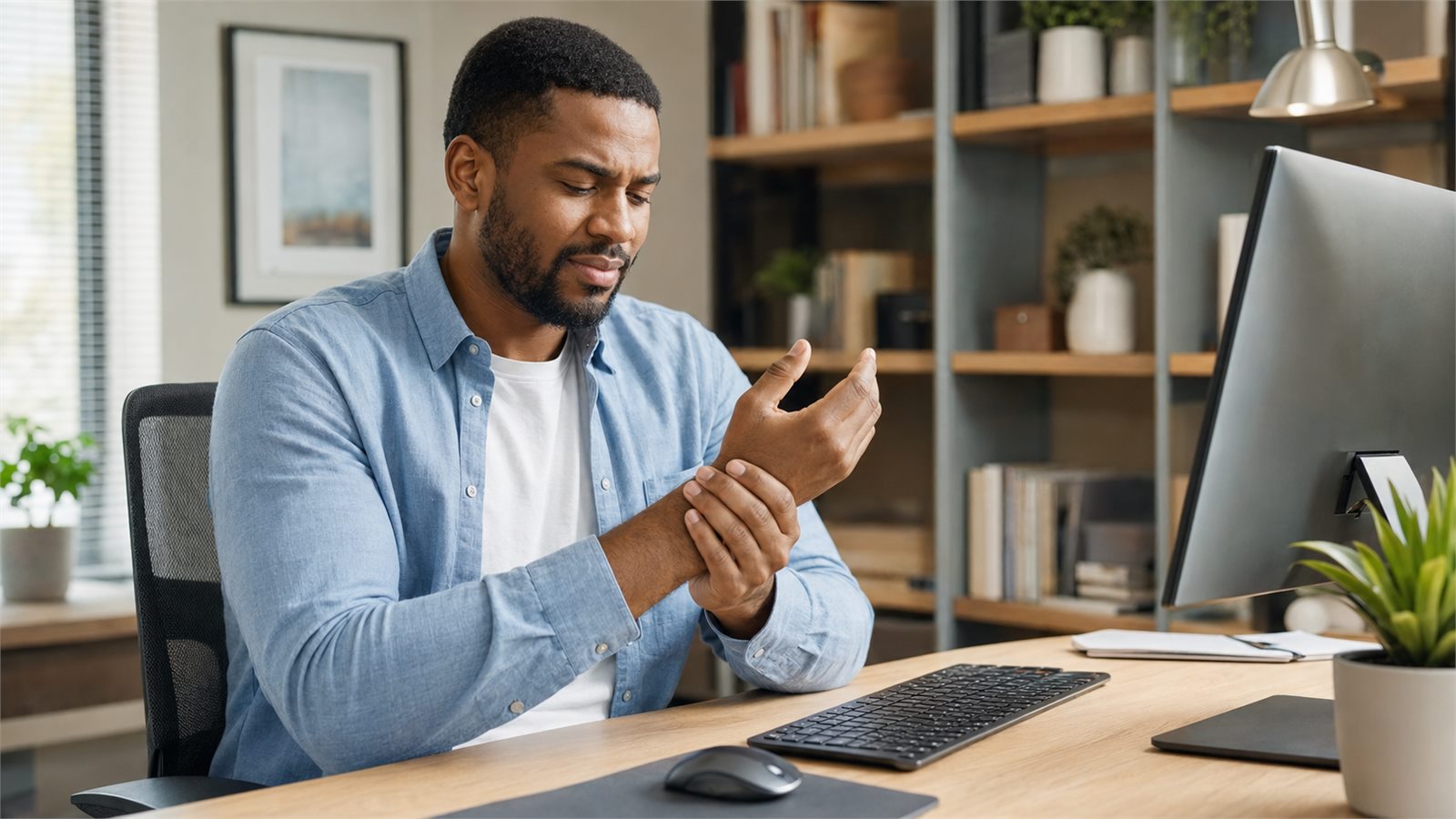 African American desk worker experiencing hand pain from typing
