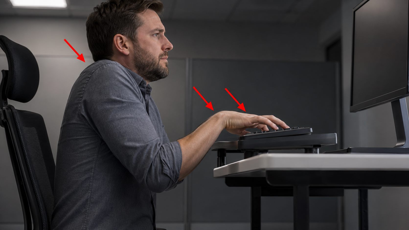 Desk worker with raised shoulders and wrists bent upward at a high keyboard