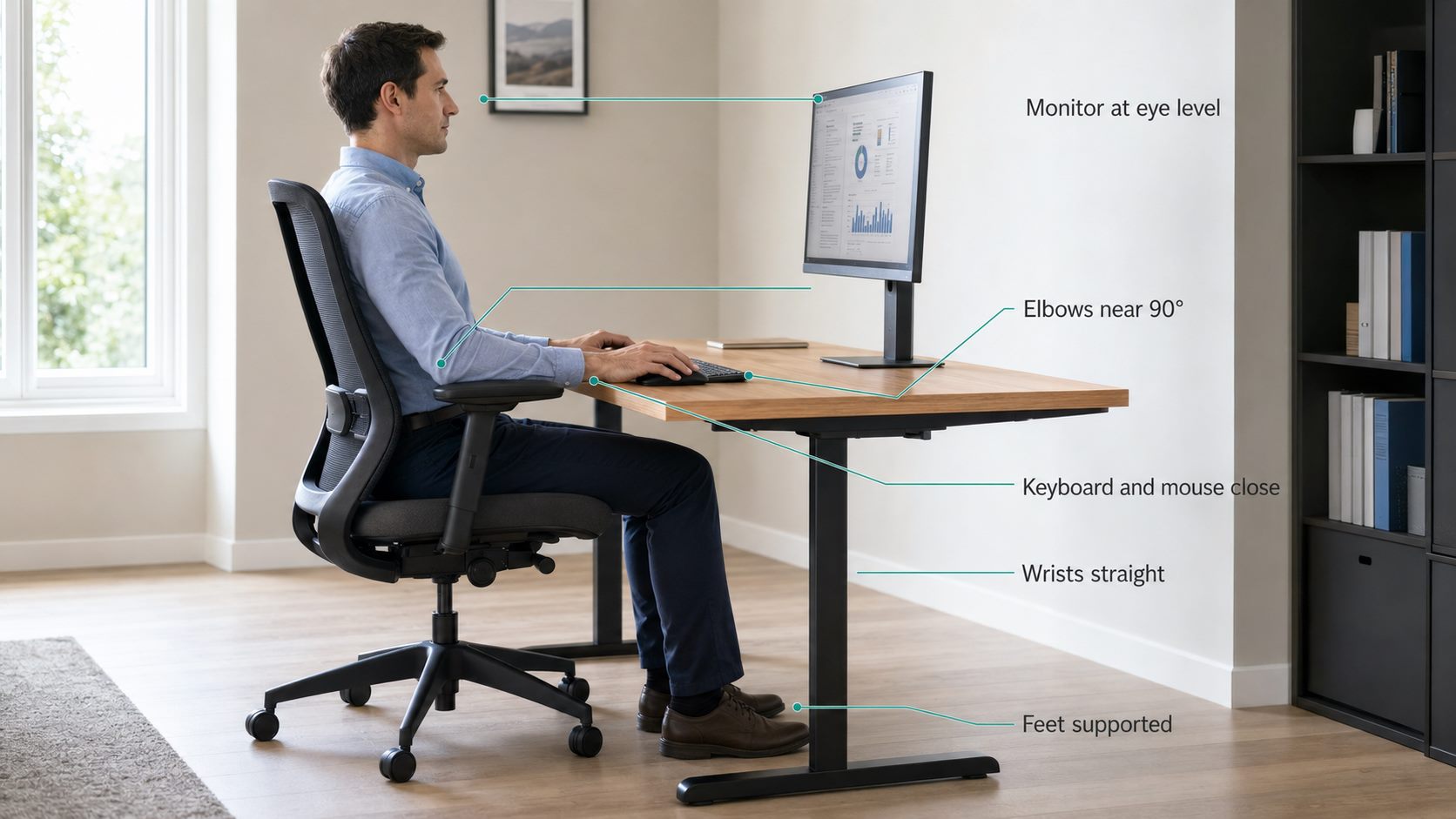 Neutral workstation setup with supported feet, straight wrists and keyboard near elbow height