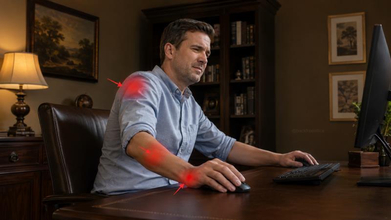 Desk worker using a flat mouse with strain highlighted at the wrist, forearm and shoulder