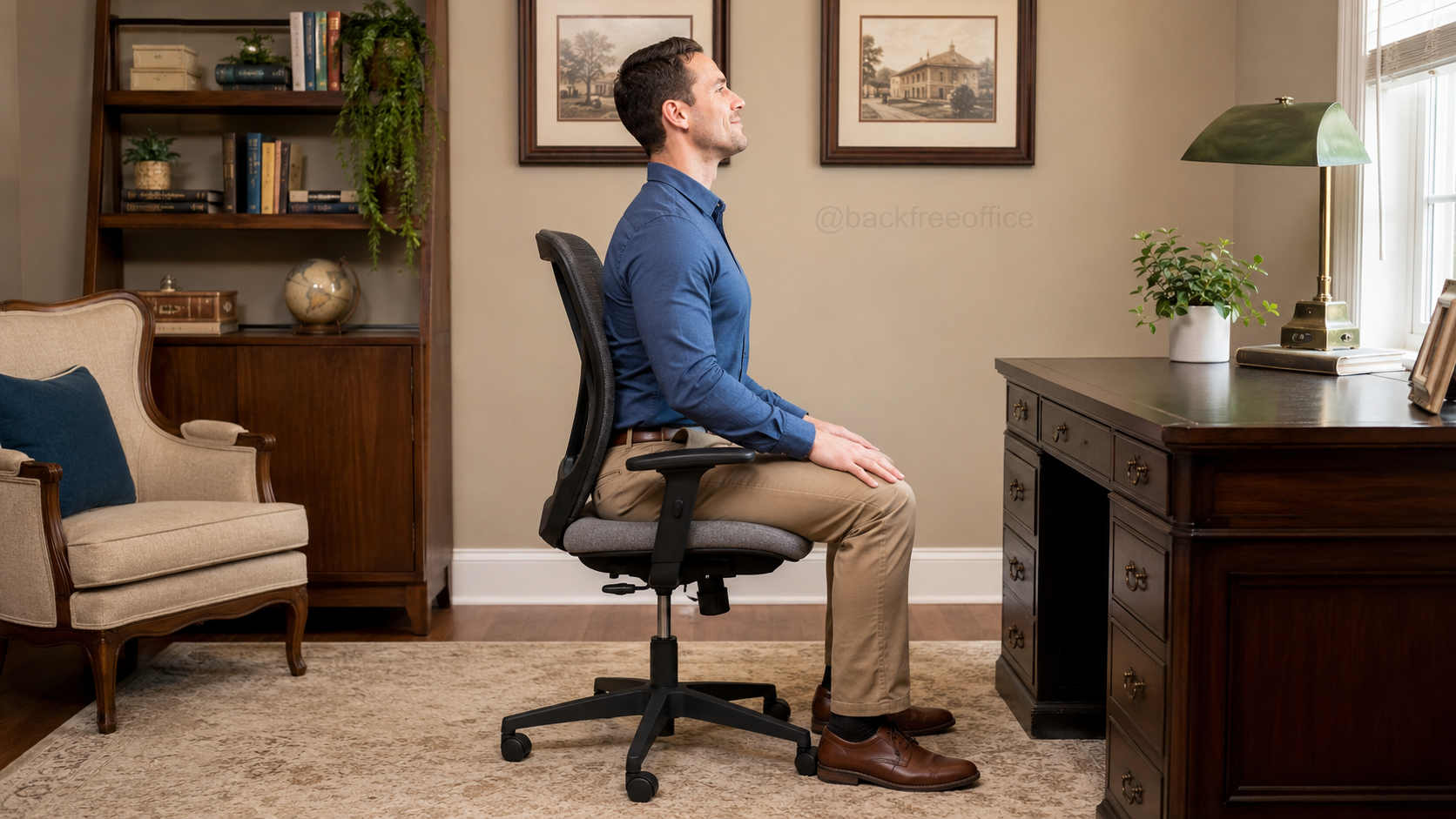Desk worker demonstrating the cow position of a seated cat-cow stretch