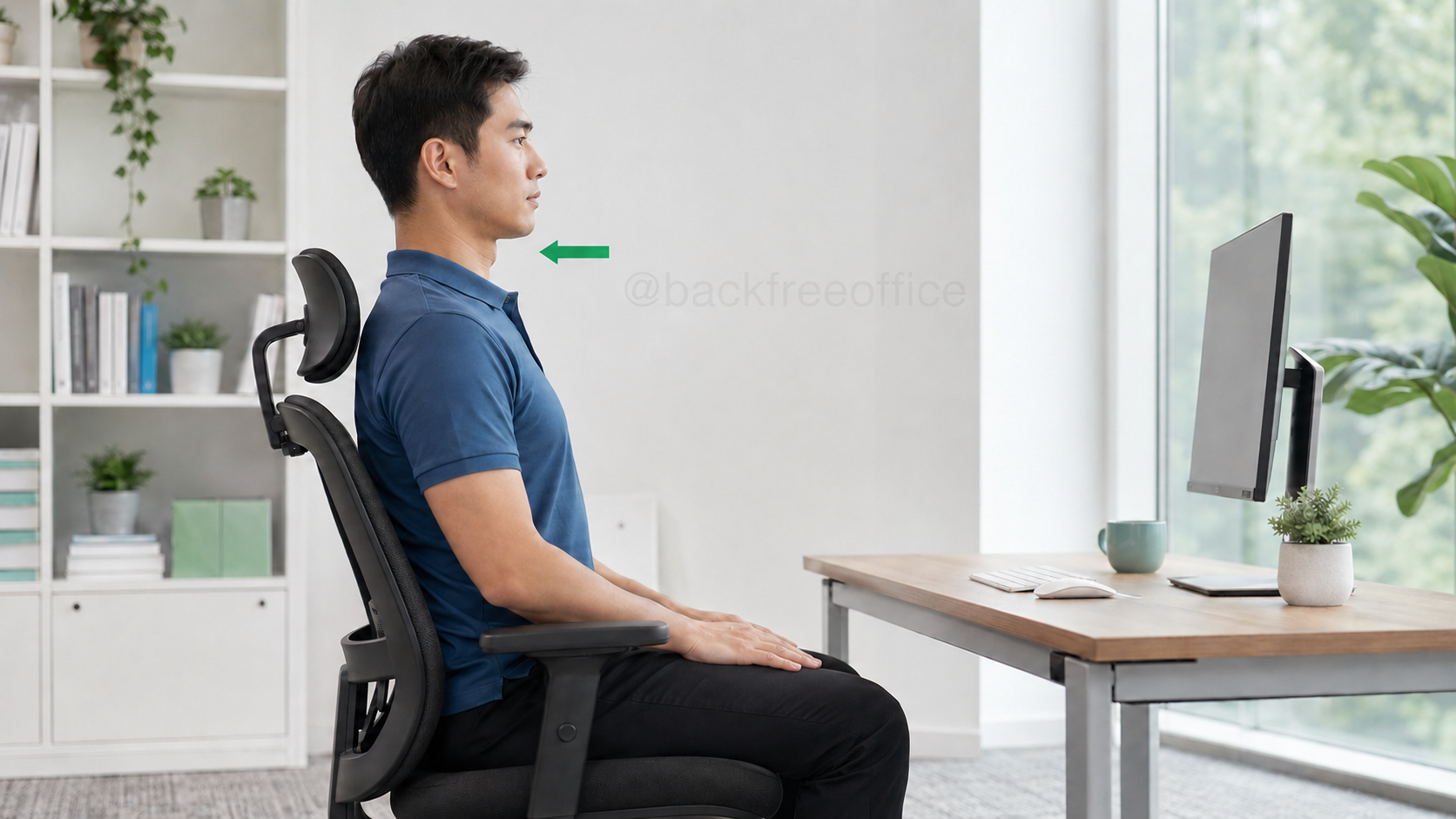 Seated desk worker performing a neck retraction with the chin moving straight backward