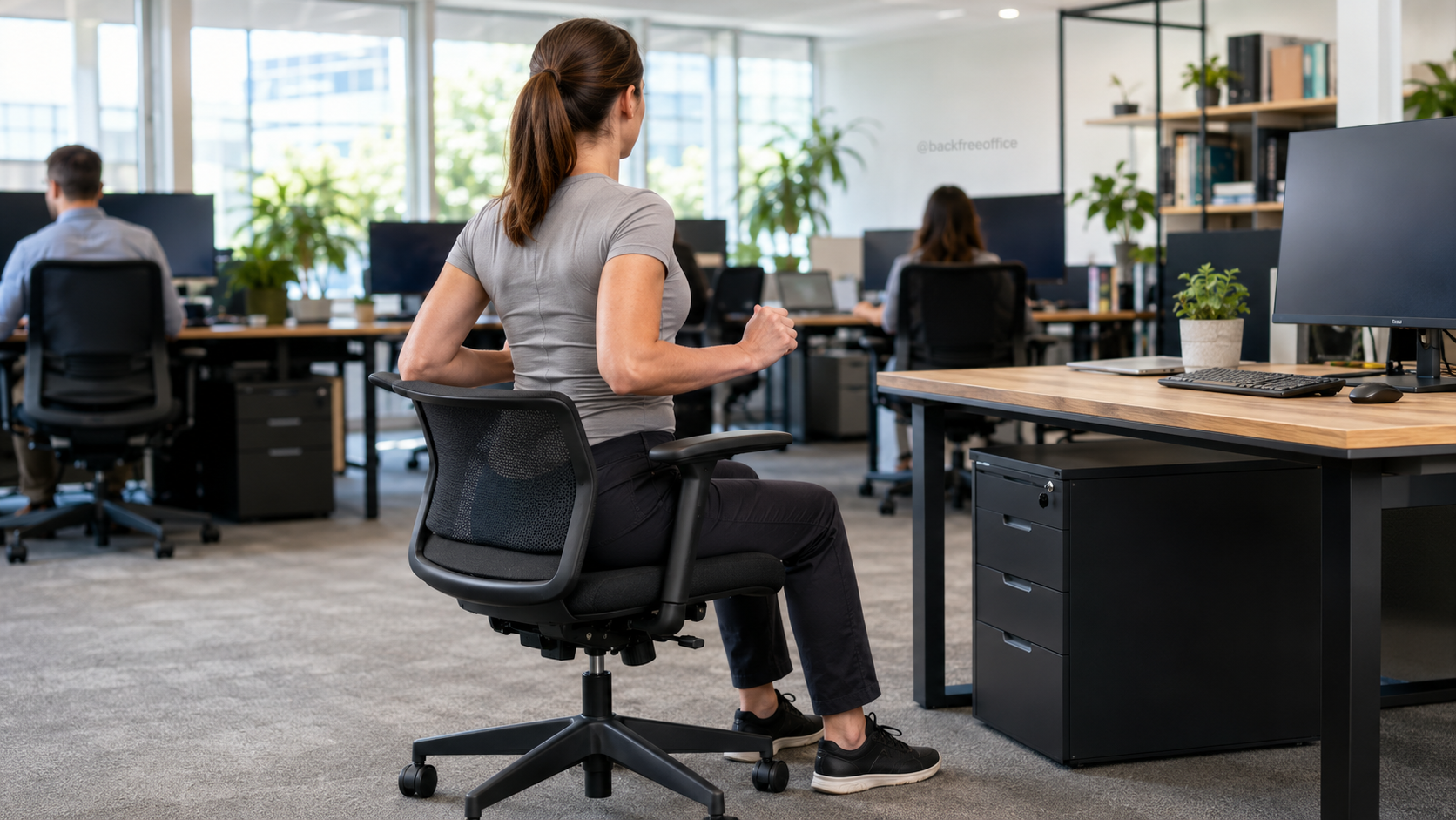 Desk worker performing a seated shoulder-blade squeeze in an office chair