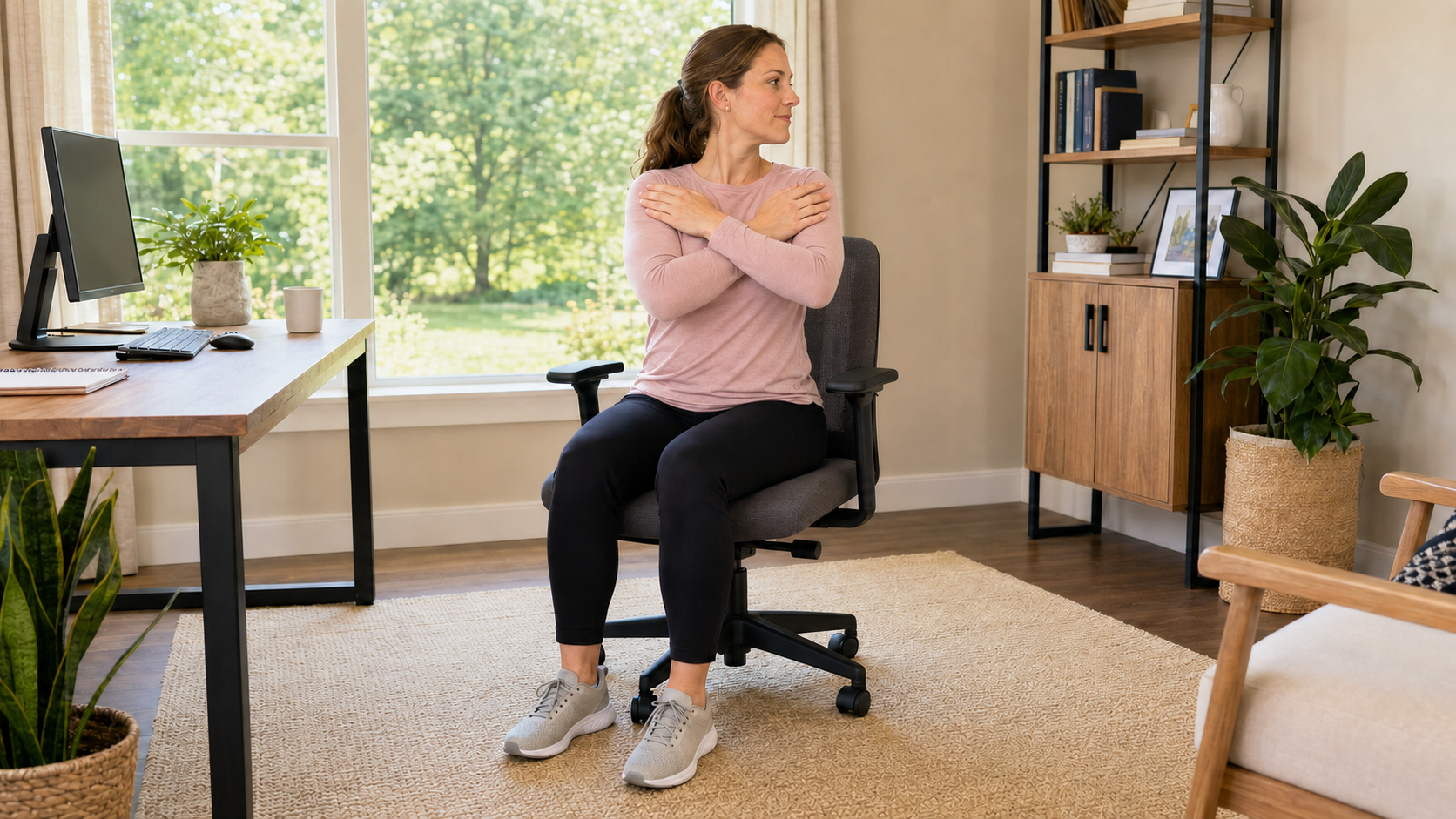 Woman performing a seated thoracic rotation with feet flat and hips facing forward