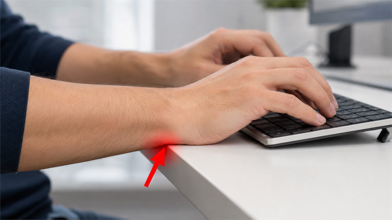 Wrist resting on a hard desk edge while typing, creating contact pressure