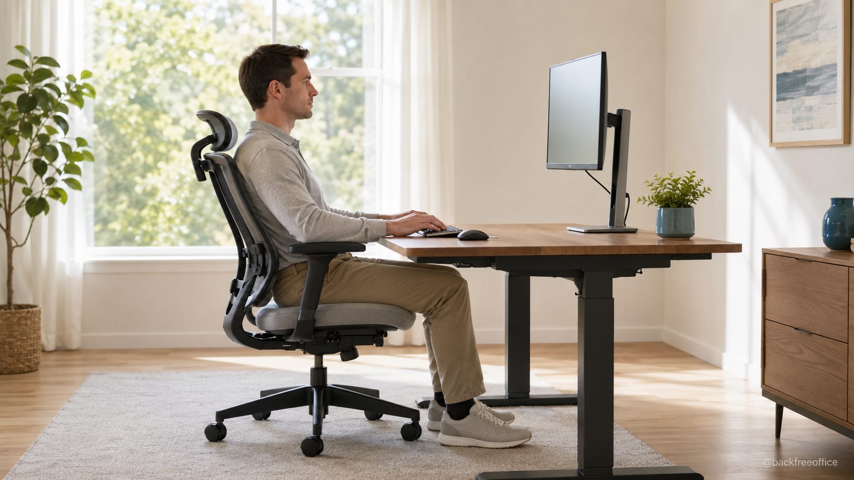 Ideal ergonomic desk setup for long hours of computer work