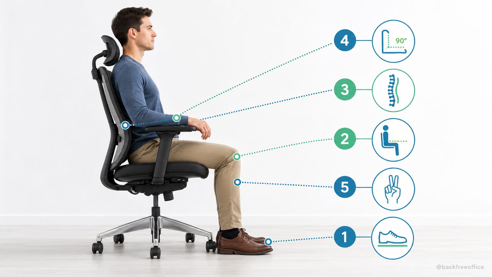 Five-step ergonomic chair adjustment guide