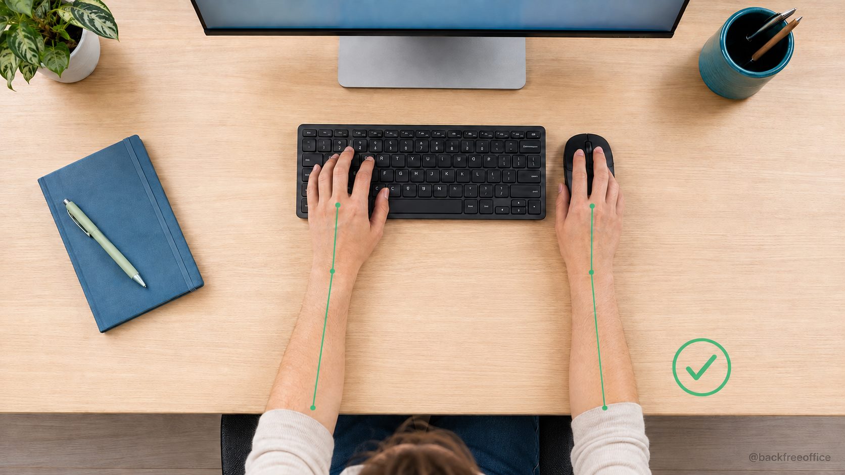 Keyboard and mouse positioned close with wrists aligned to the forearms