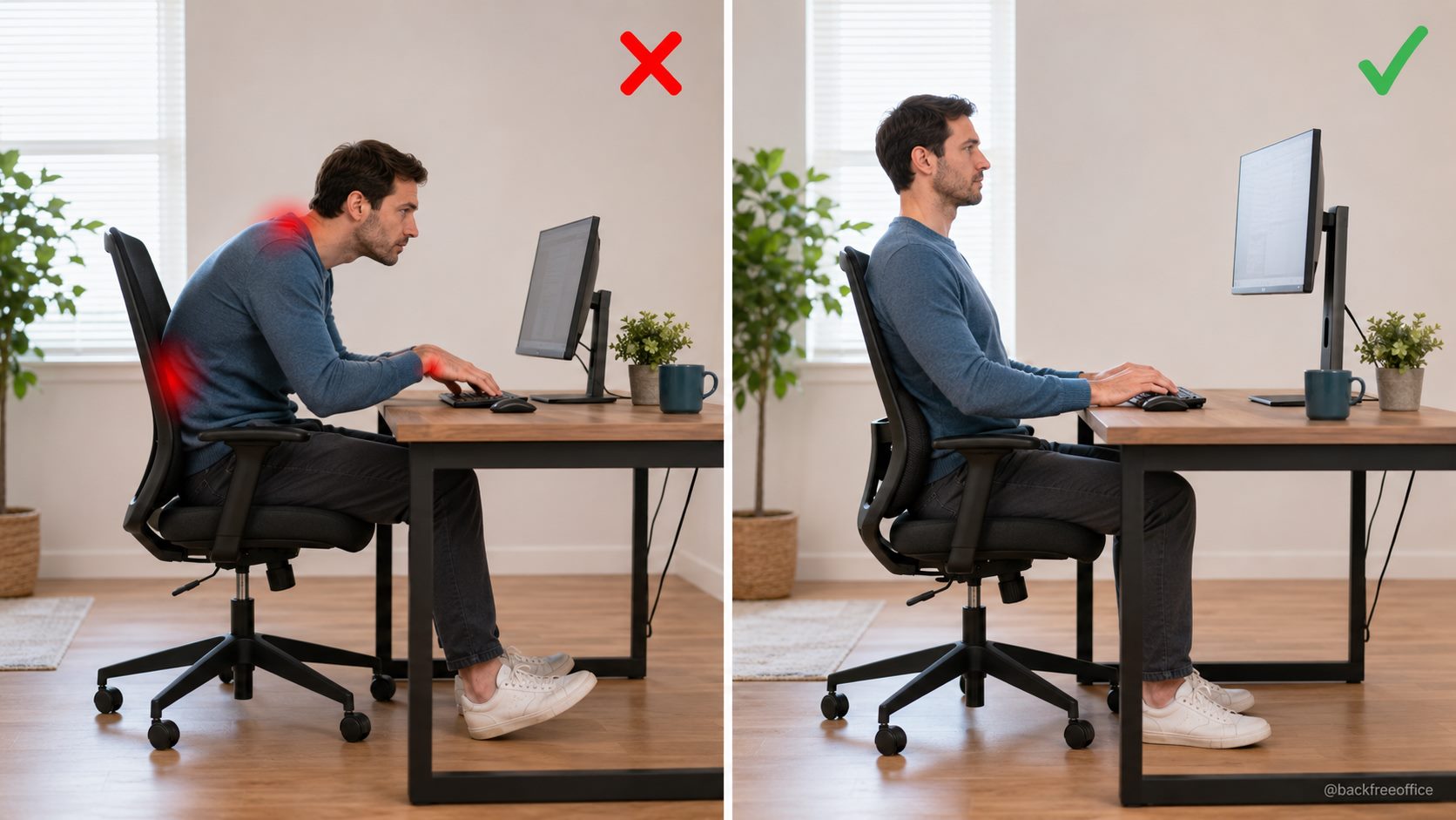 Incorrect slouched desk posture compared with a neutral ergonomic posture