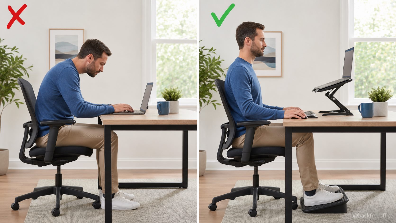 Laptop setup comparison showing a raised screen with external keyboard and mouse
