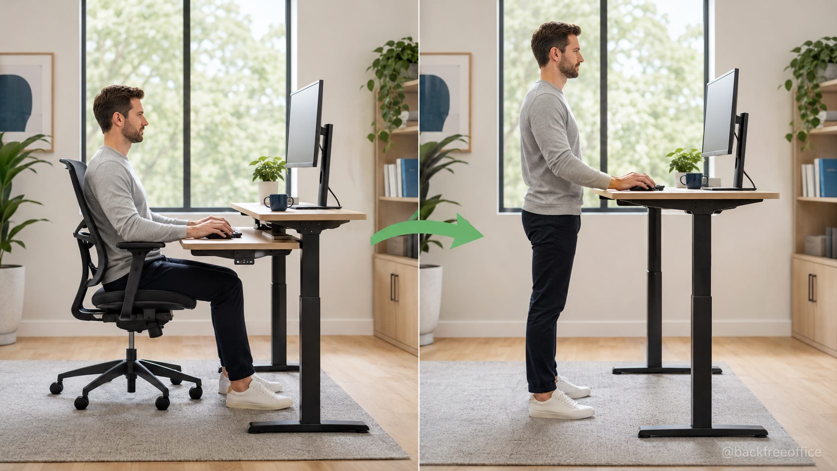 Sitting and standing ergonomic desk setup comparison
